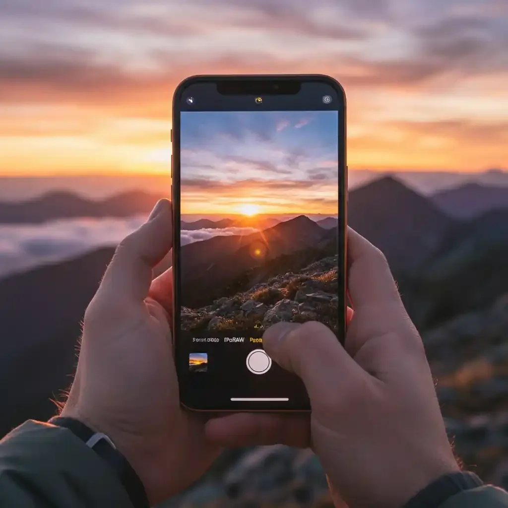 Phone photographing a mountain sunrise