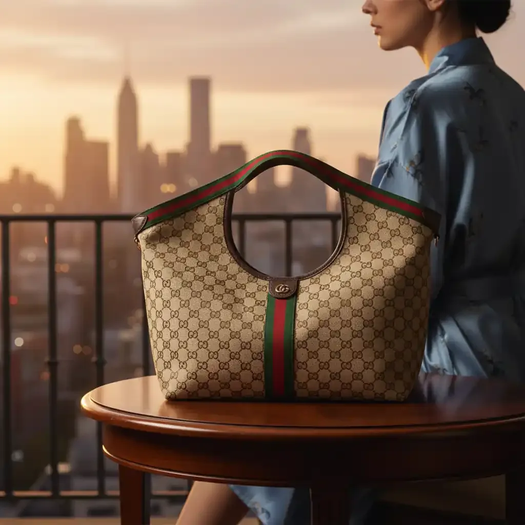 Monogram tote on a dawn balcony